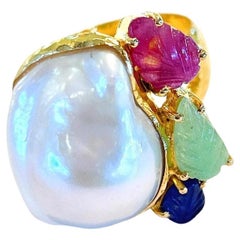 Bochic “Capri” Pearl, Ruby, Sapphire & Emerald Ring Set In 18K Gold & Silver 
