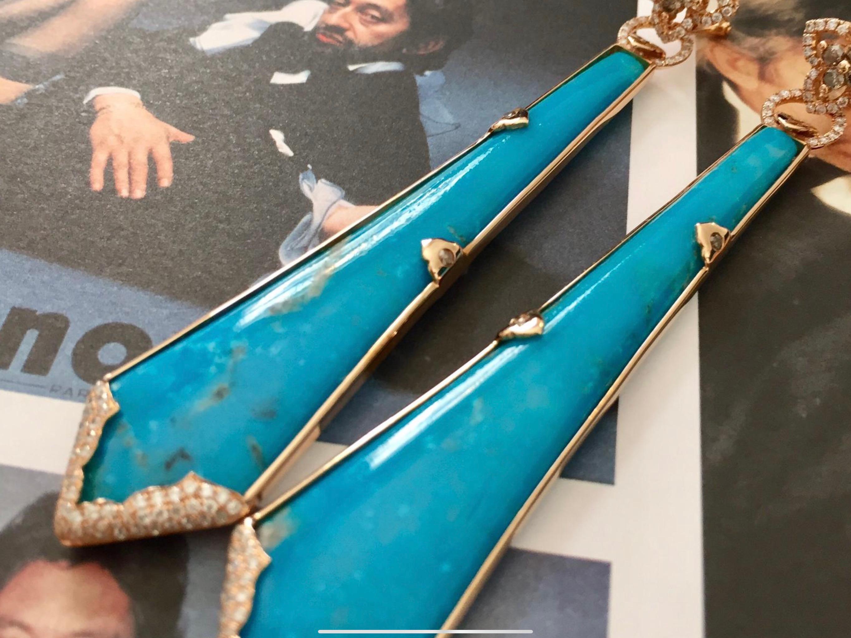 Bochic “Capri” Persian Vintage Turquoise & Diamond Earrings Set In 18K Gold  For Sale 2