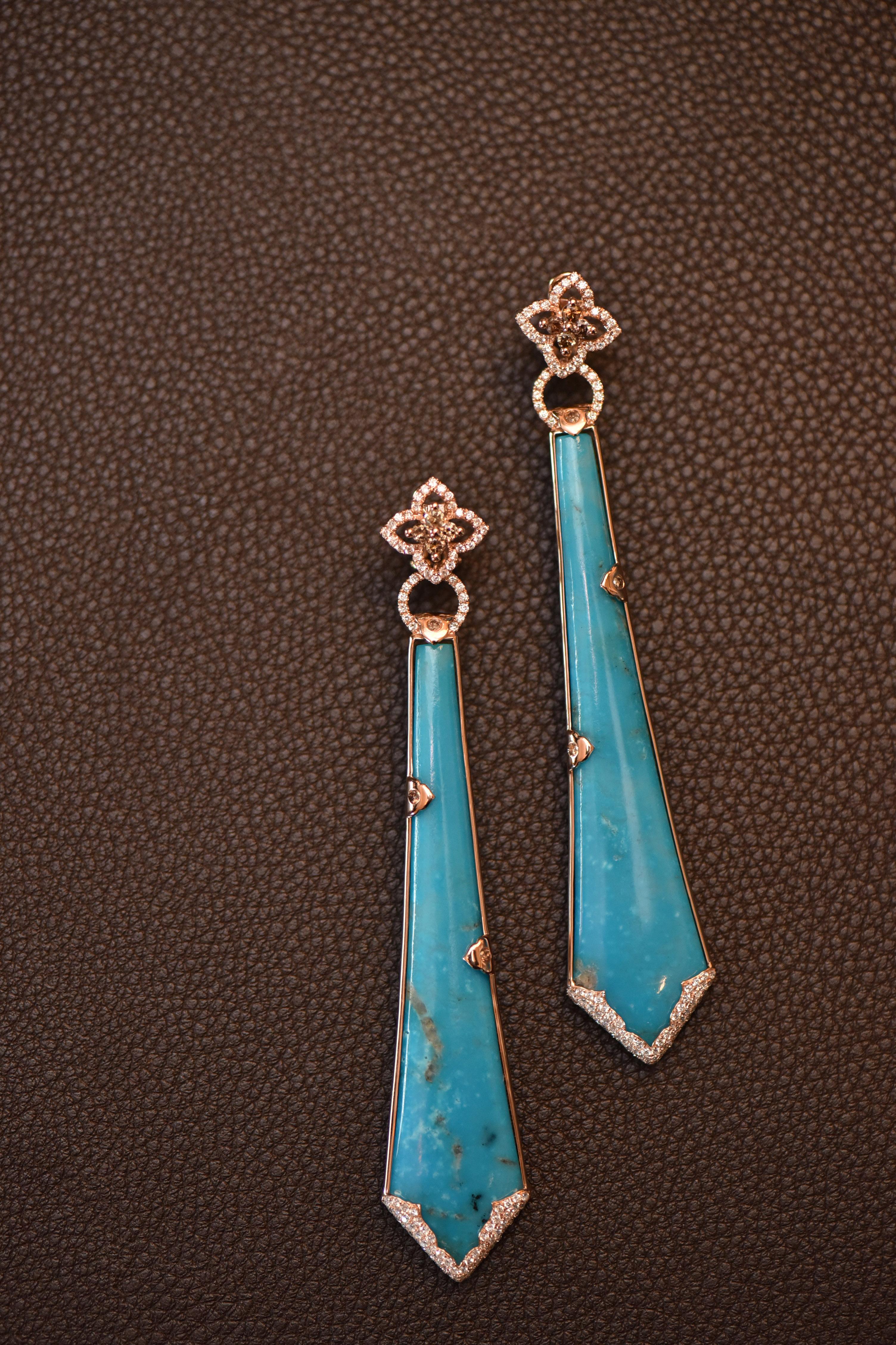 Brilliant Cut Bochic “Capri” Persian Vintage Turquoise & Diamond Earrings Set In 18K Gold  For Sale