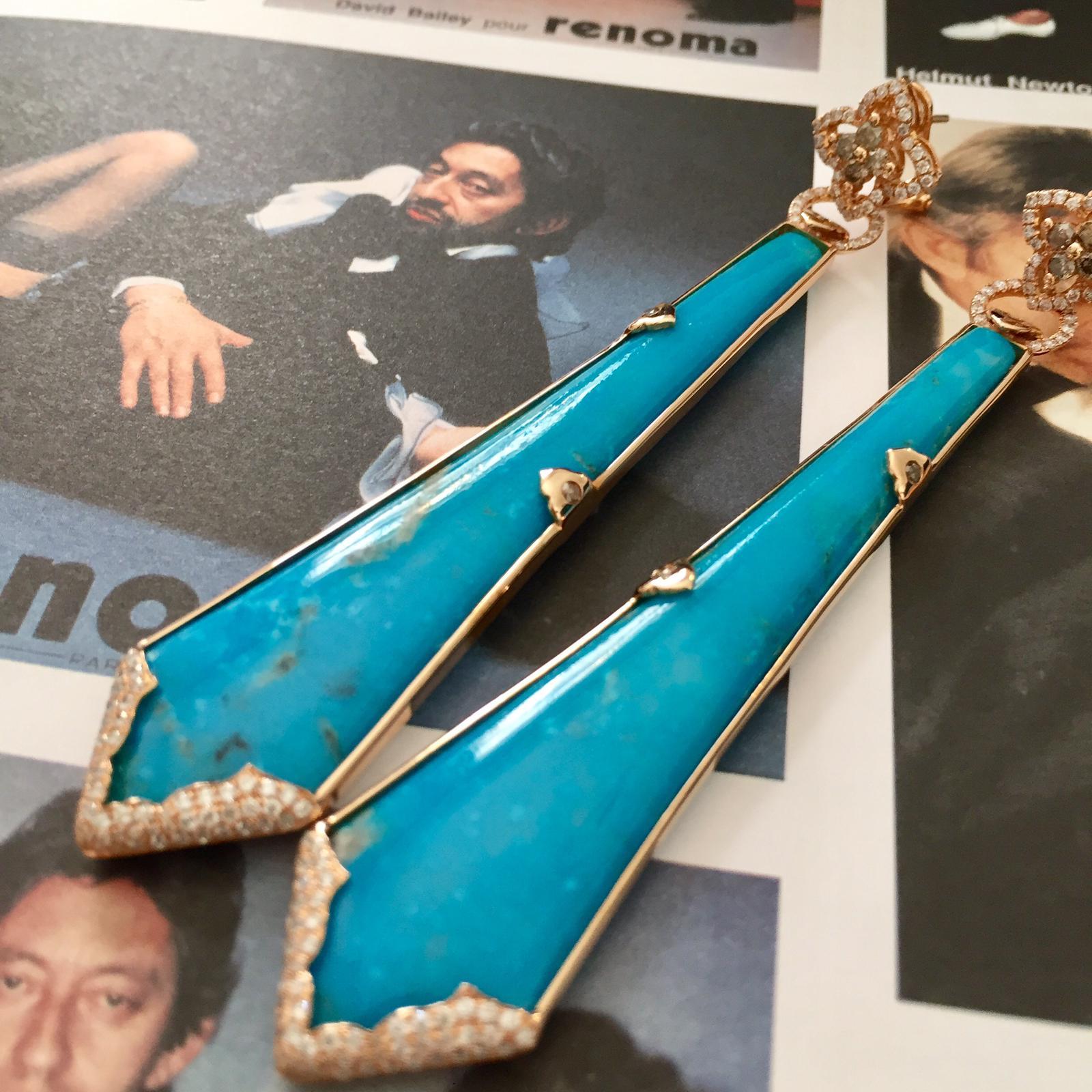 Women's Bochic “Capri” Persian Vintage Turquoise & Diamond Earrings Set In 18K Gold  For Sale