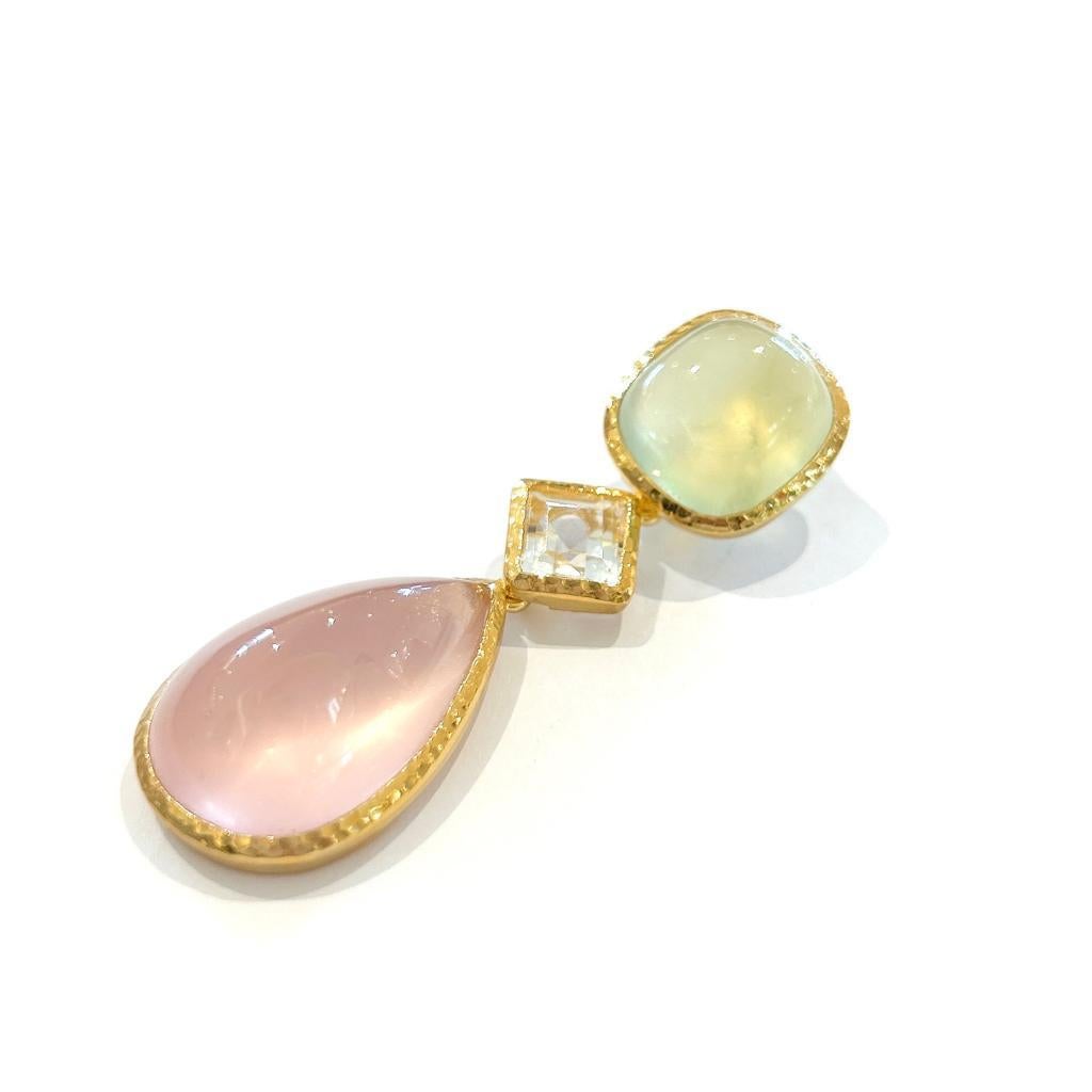 Belle Époque Bochic “Capri” Pink Quartz & Green Penite Pendent Set In 18K Gold & Silver  For Sale