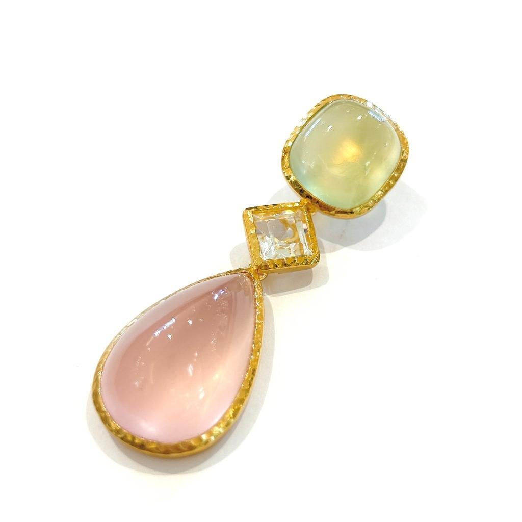 Cabochon Bochic “Capri” Pink Quartz & Green Penite Pendent Set In 18K Gold & Silver  For Sale