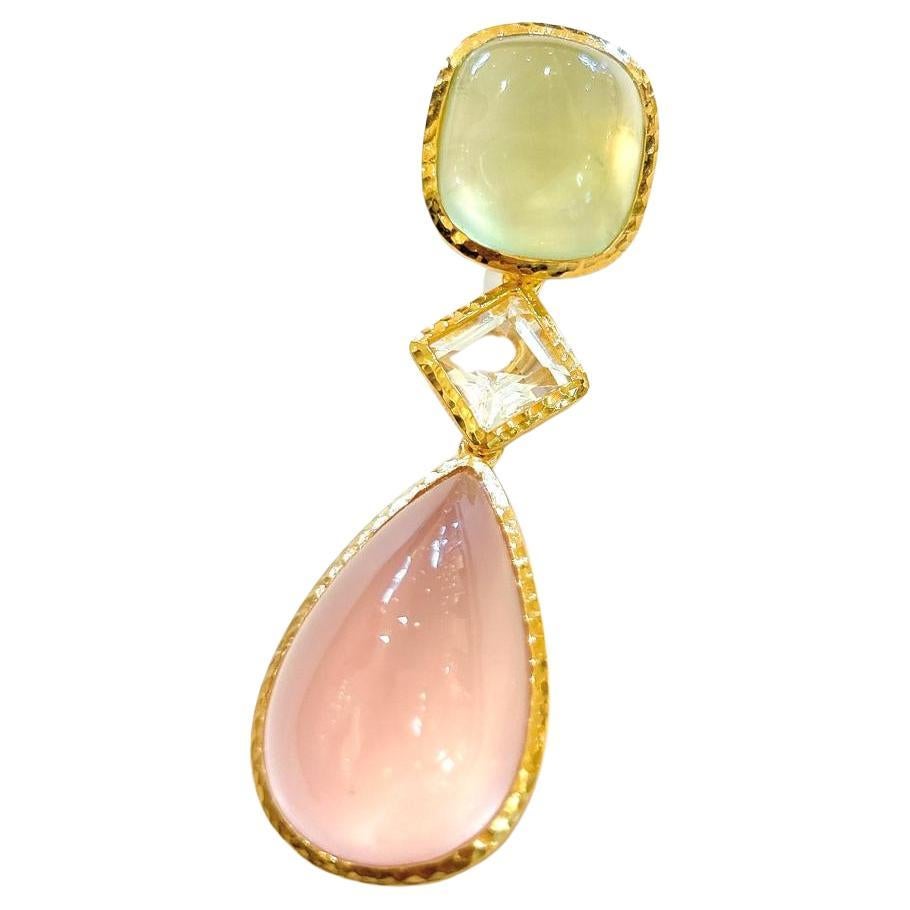 Bochic “Capri” Pink Quartz & Green Penite Pendent Set In 18K Gold & Silver  For Sale