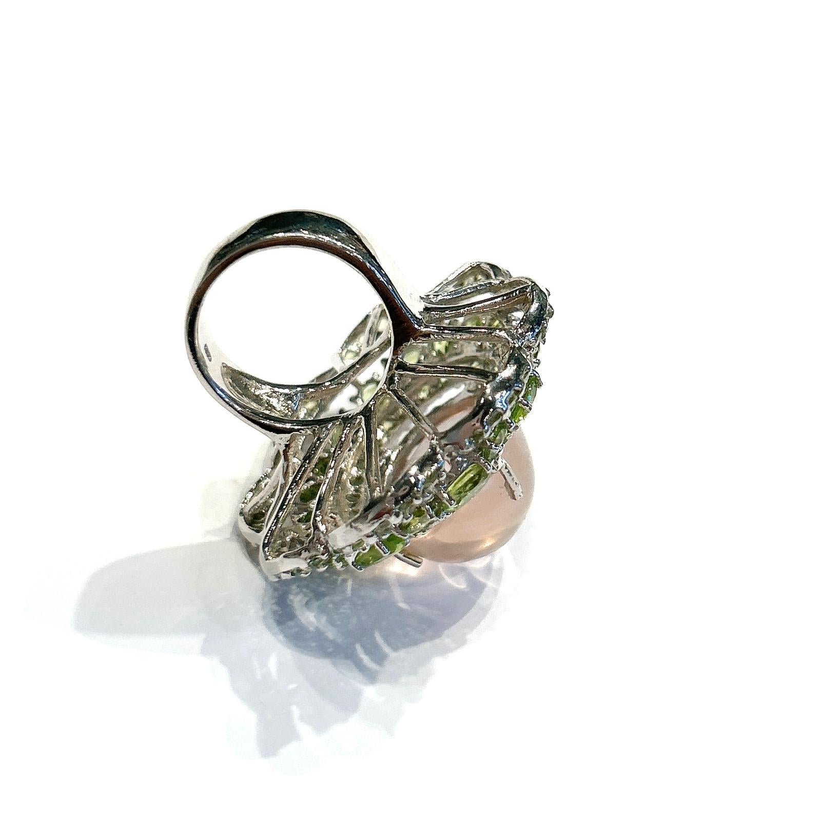 Bochic “Capri” Pink Quartz & Paridot Cocktail Ring Set In 18K Gold & Silver For Sale 4