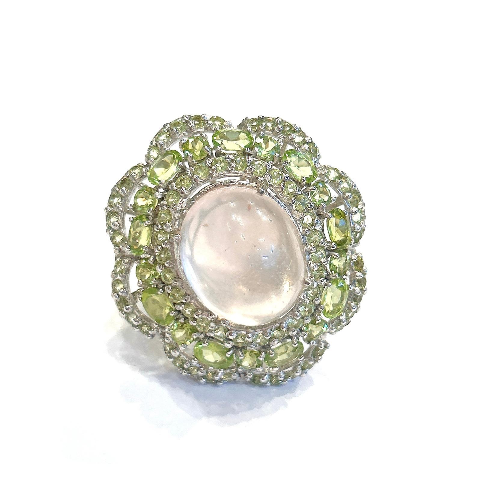 Bochic “Capri” Pink Quartz & Paridot Cocktail Ring Set In 18K Gold & Silver For Sale 5