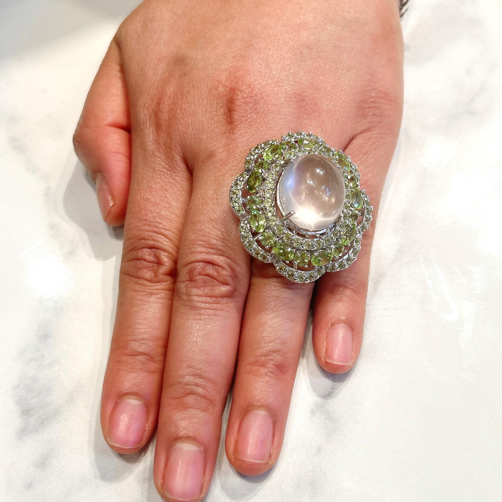 Brilliant Cut Bochic “Capri” Pink Quartz & Paridot Cocktail Ring Set In 18K Gold & Silver For Sale