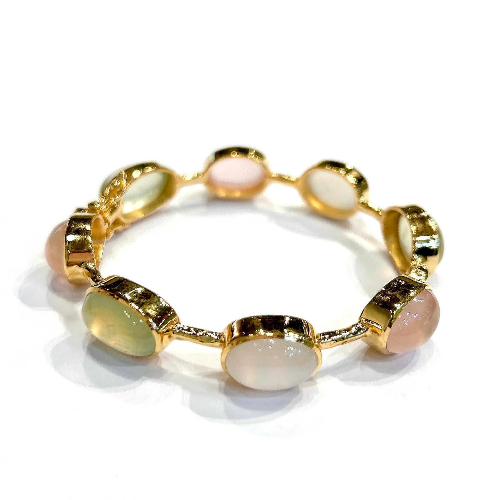 Bochic Capri Rosa Quarz, Peridot & Achat Armband Set in 18K Gold & Silber (Cabochon) im Angebot