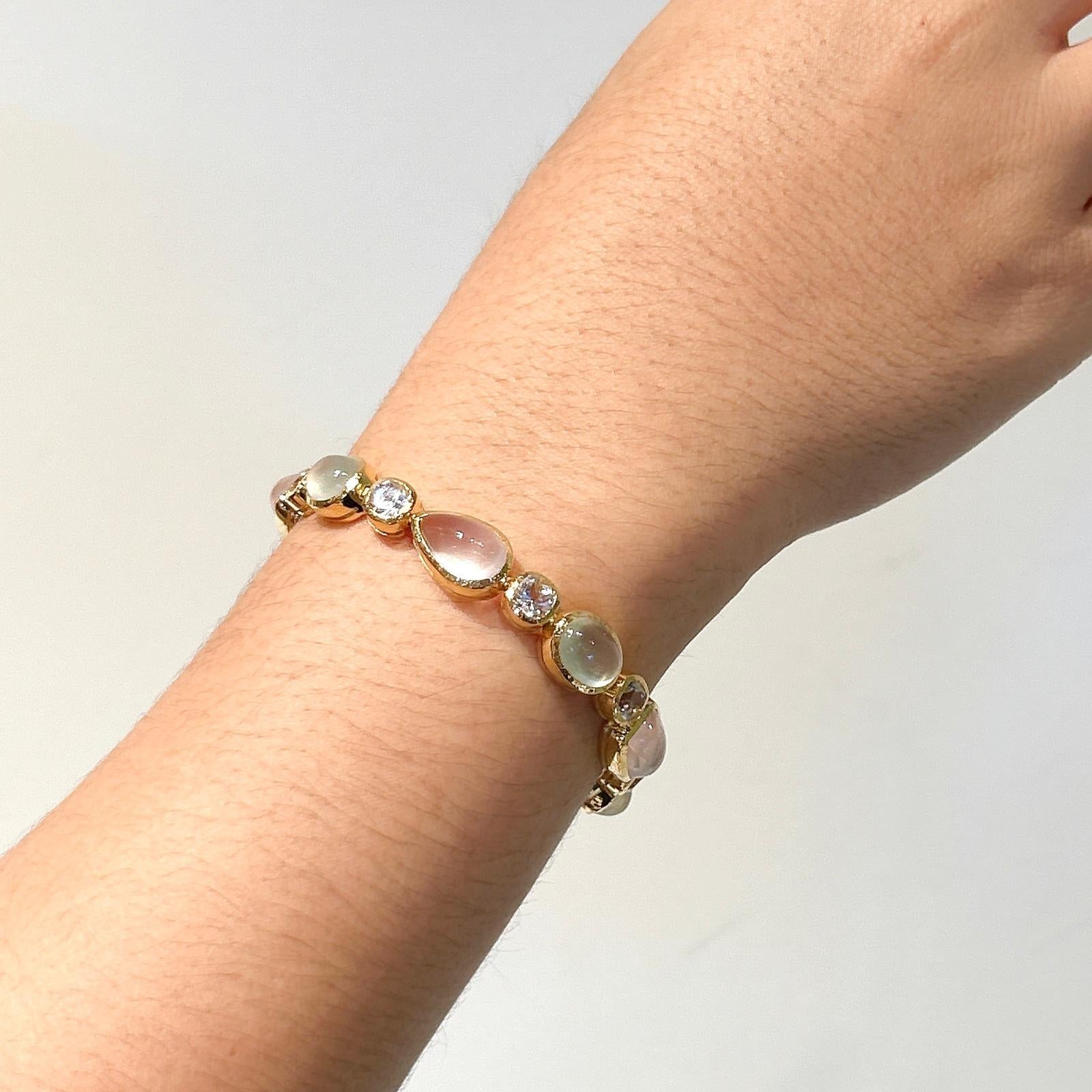 Bochic “Capri” Pink Quartz, Peridot, Topaz Bracelet Bangle Set 18K Gold & Silver For Sale 5