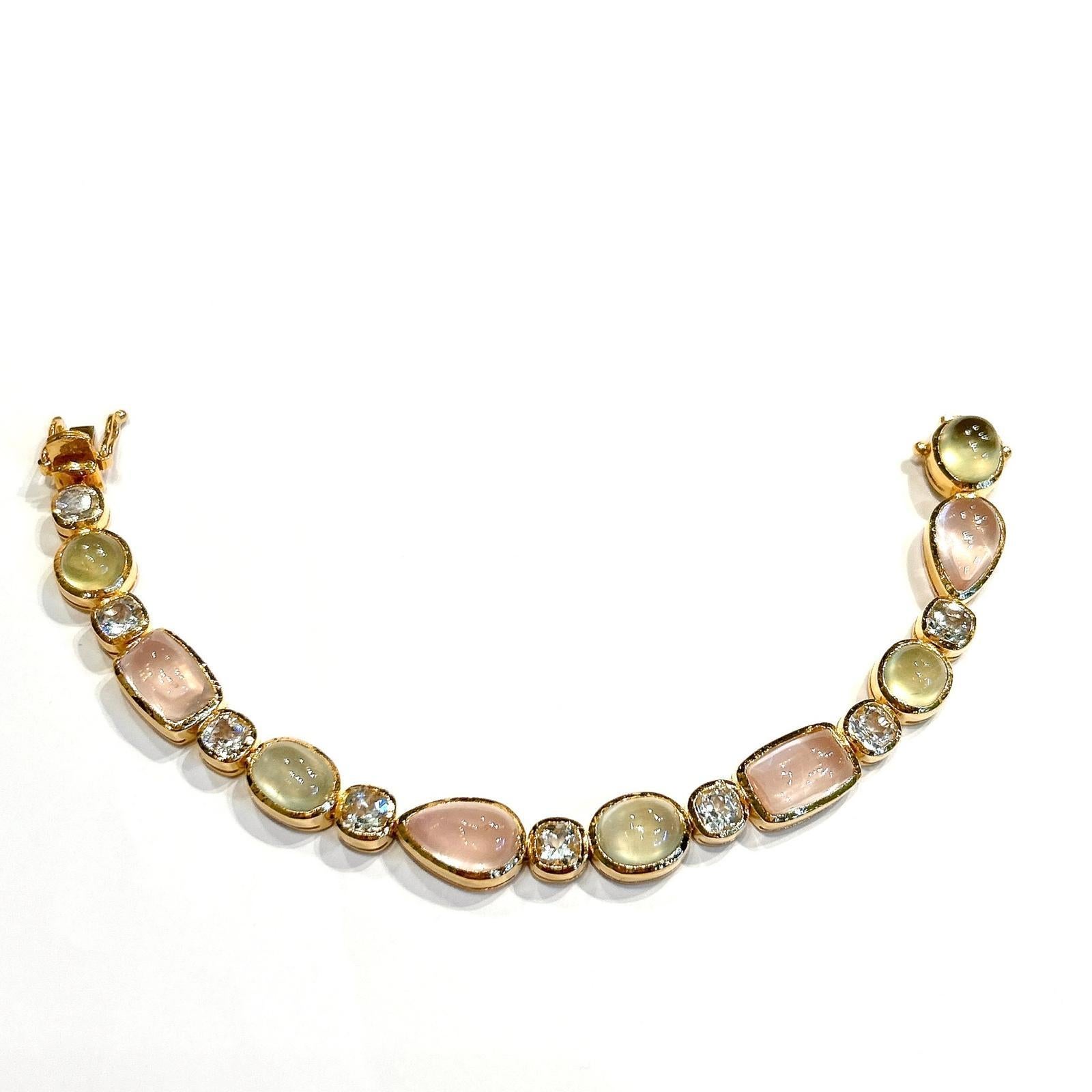 Cabochon Bochic “Capri” Pink Quartz, Peridot, Topaz Bracelet Bangle Set 18K Gold & Silver For Sale