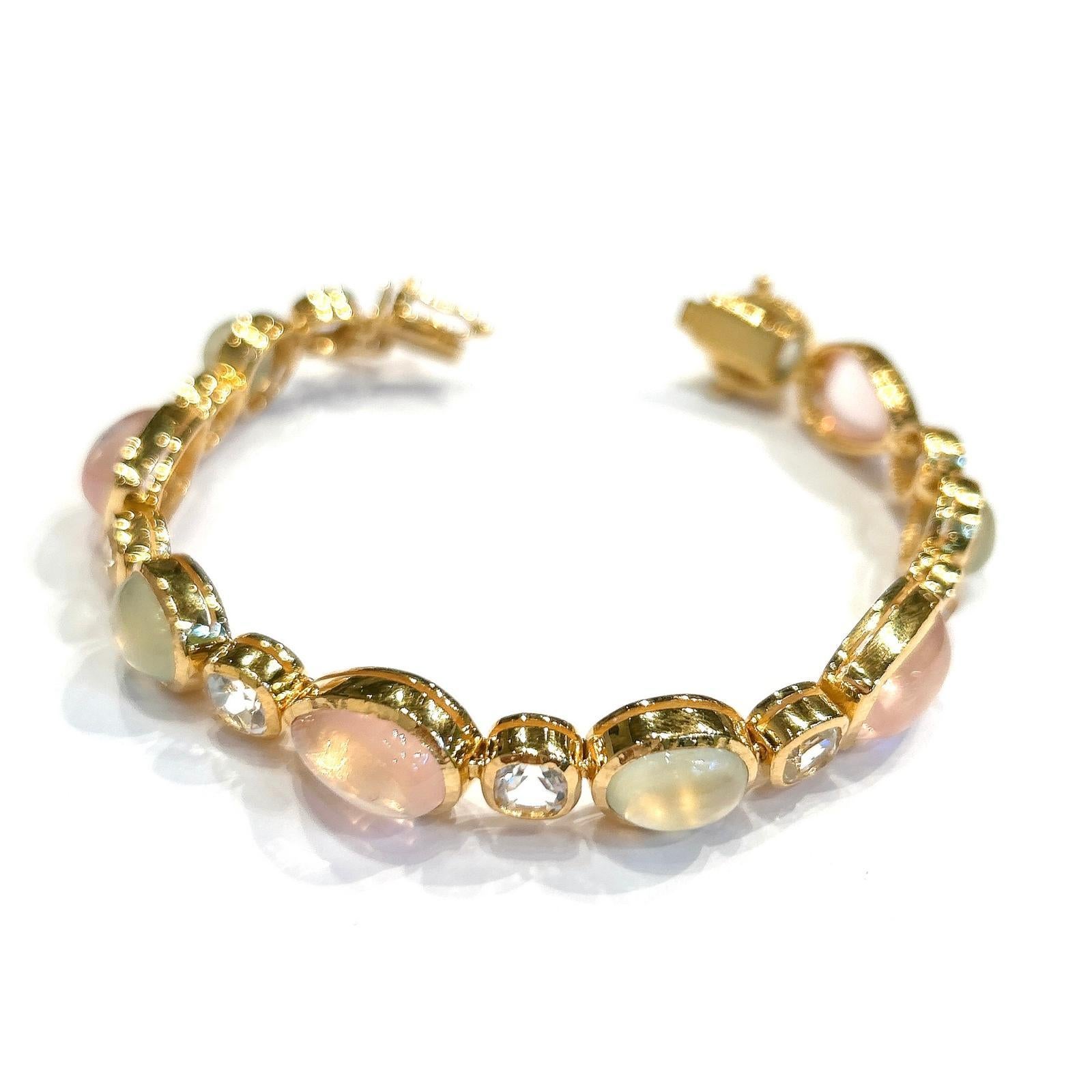 Women's or Men's Bochic “Capri” Pink Quartz, Peridot, Topaz Bracelet Bangle Set 18K Gold & Silver For Sale