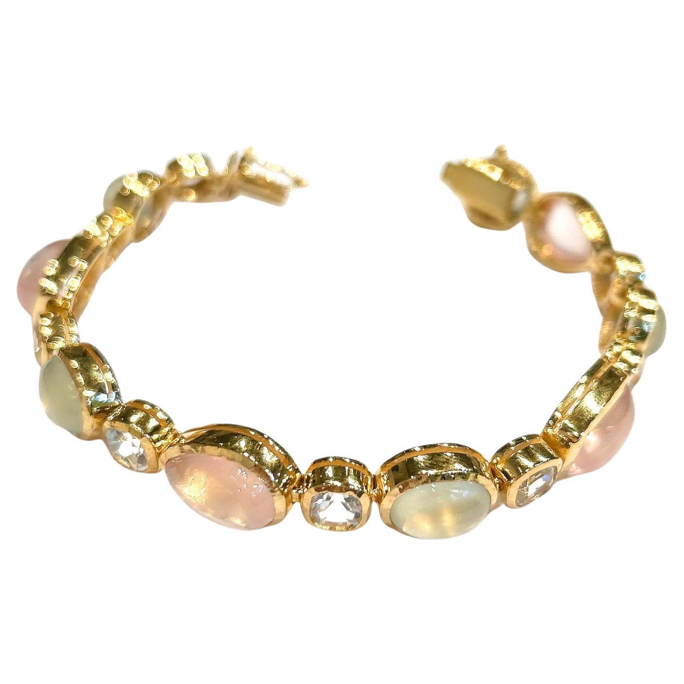 Bochic “Capri” Pink Quartz, Peridot, Topaz Bracelet Bangle Set 18K Gold & Silver For Sale