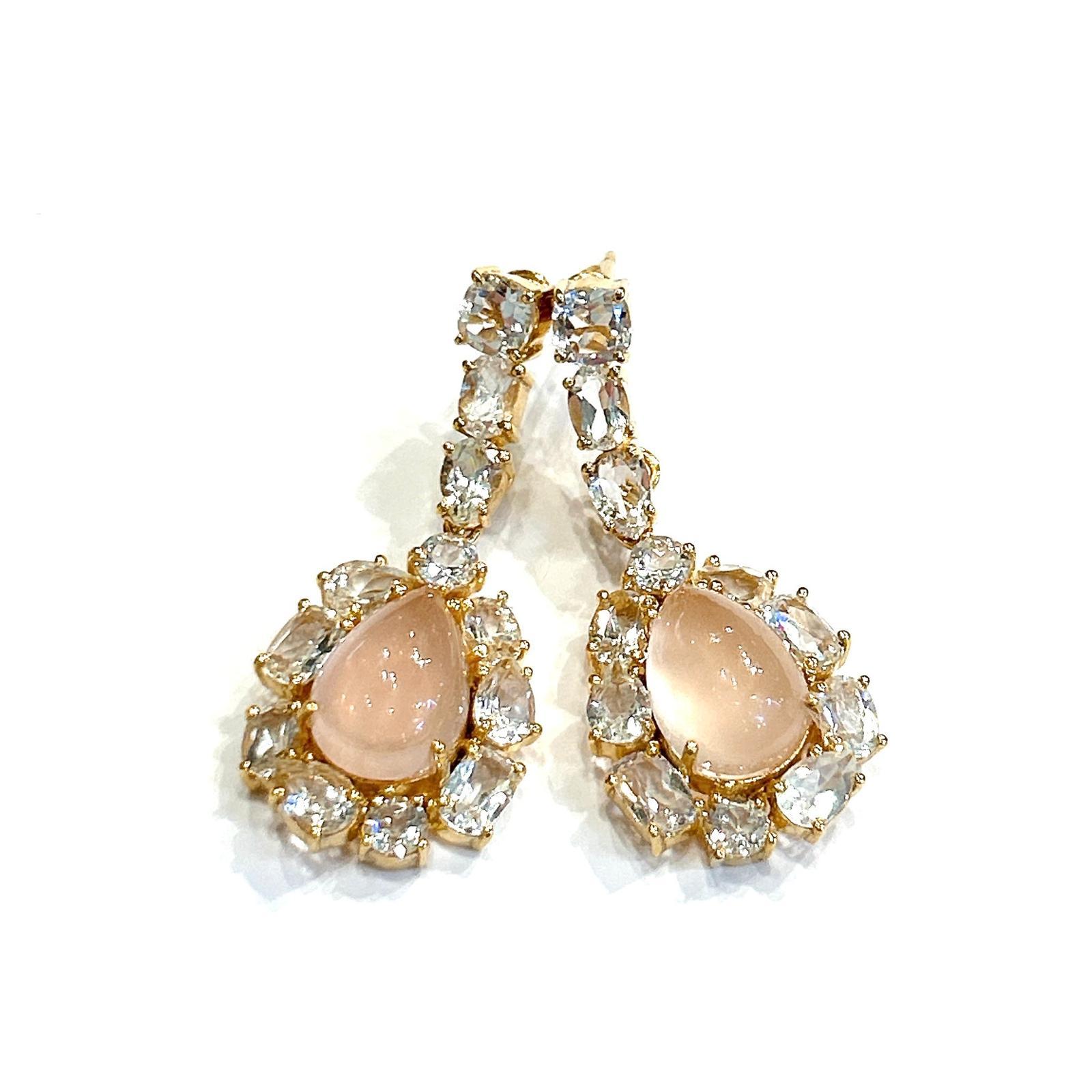 Pear Cut Bochic “Capri” Pink Quartz & White Topaz Earrings Set In 18K Gold & Silver For Sale