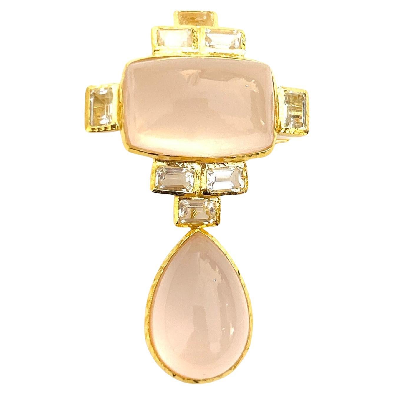 Juego de colgante/broche Bochic "Capri" de cuarzo rosa y topacio blanco Oro de 18 quilates y plata