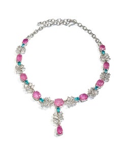 Bochic “Capri” Vintage Pink Ruby, Blue Appetite & Topaz Necklace 18K & Silver