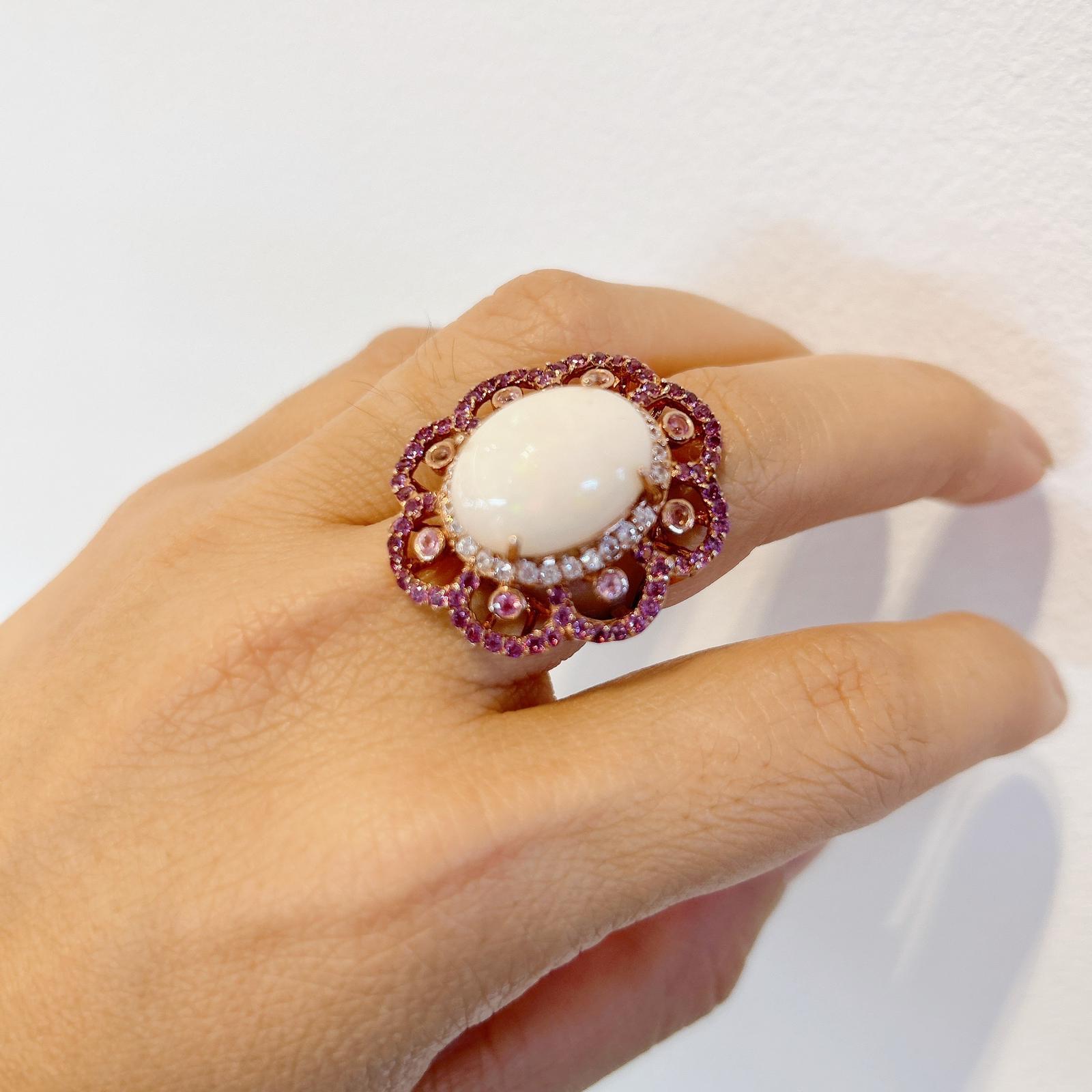 Baroque Bochic “Capri” Pink Sapphire & Opal Cocktail Ring Set in 18k Gold & Silver For Sale