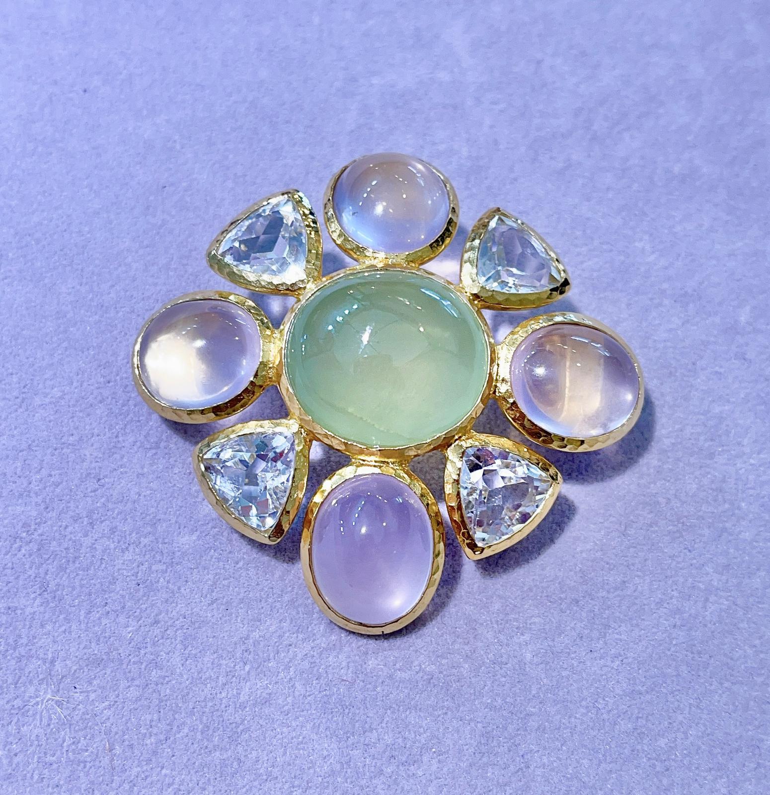 Bochic “Capri” Prehnite, Rose Quartz & White Topaz Brooch set in 22K Gold & Silver 
From the “Capri” collection 
Natural Mint Green Prehnite  - 19 carats 
Round Cabochon shape 
Natural Rose Quartz Cabochon - 27 carats 
Natural White Topaz - 13