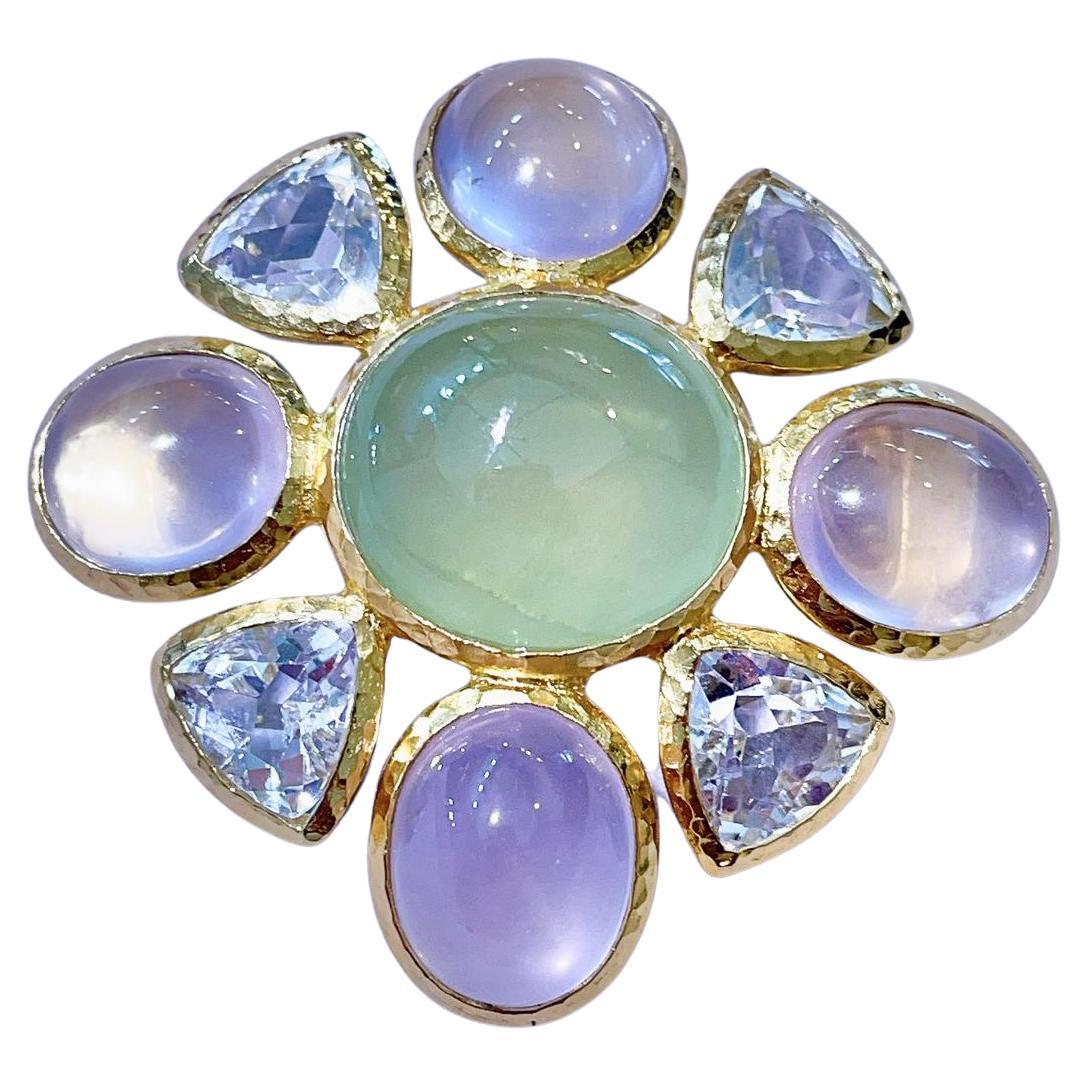 Bochic “Capri” Prehnite, Rose & White Topaz Brooch Set in 22k Gold & Silver  For Sale