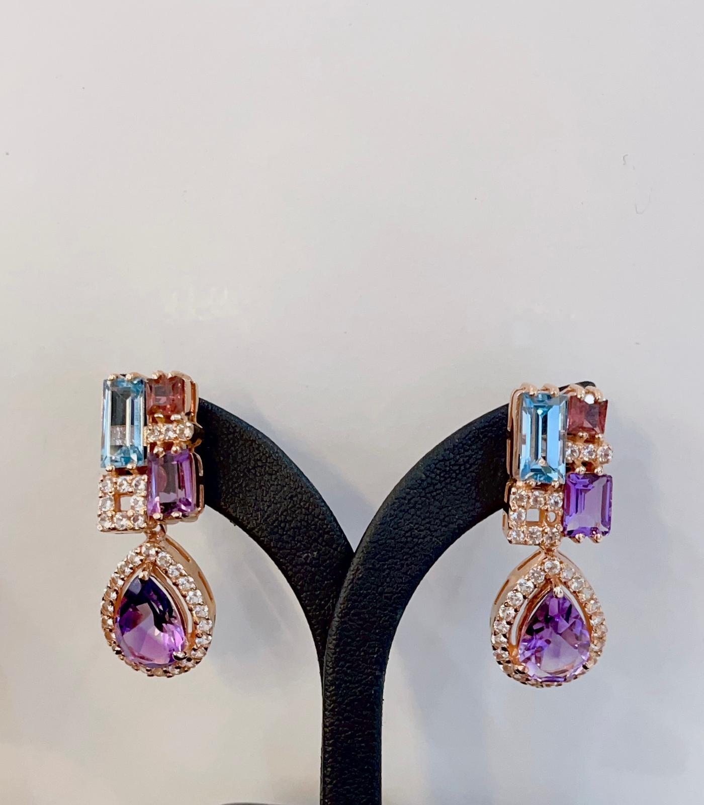 Art Deco Bochic “Capri” Purple Amethyst, Blue Topaz Earrings Set in 22k Gold & Silver For Sale