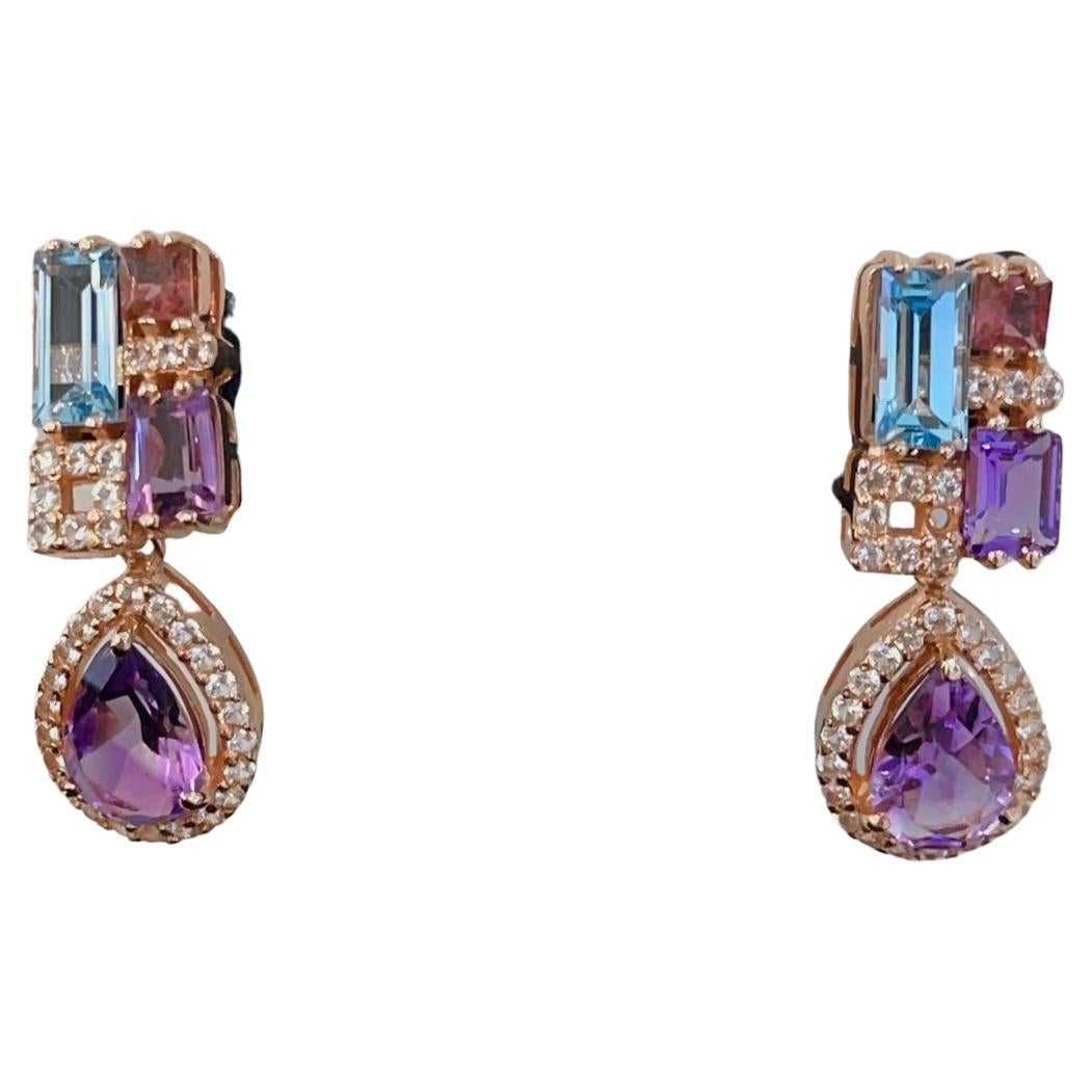 Bochic “Capri” Purple Amethyst, Blue Topaz Earrings Set in 22k Gold & Silver For Sale