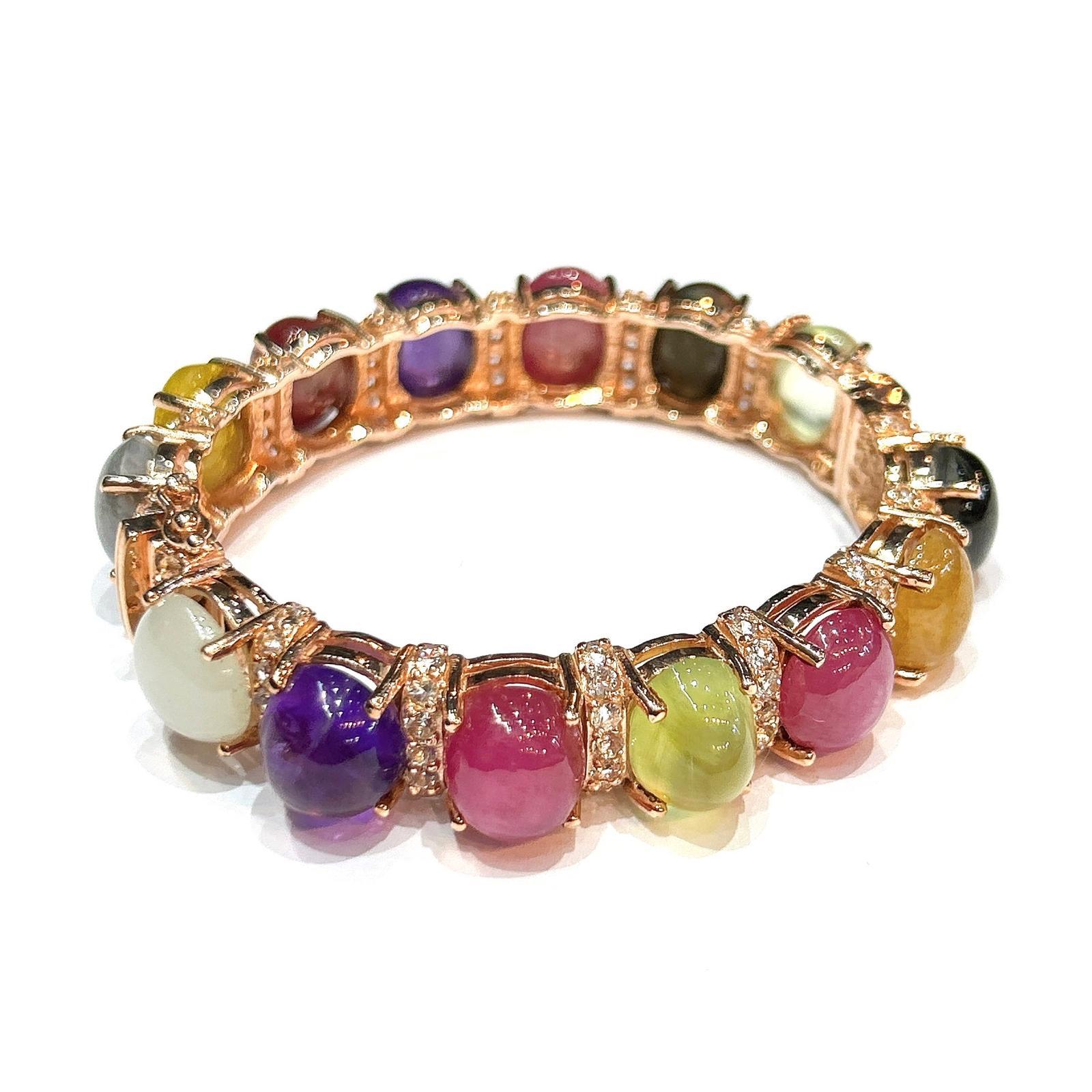 Cabochon Bochic “Capri” Purple Amethyst & Multi Color Sapphires Cuff Set In 18K & Silver