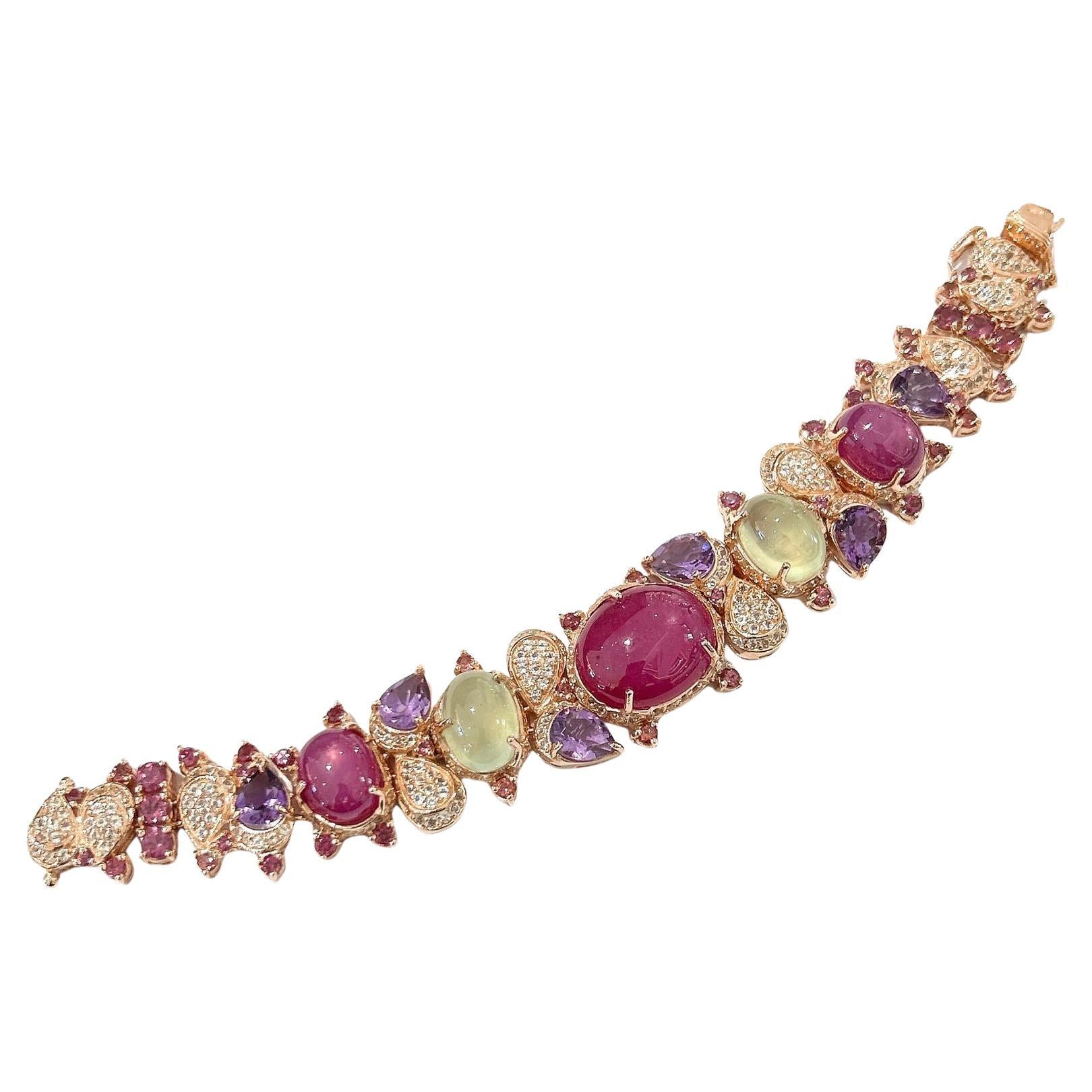 Conjunto de brazalete Bochic "Capri" de amatista púrpura y zafiros multicolor en 18 quilates y plata