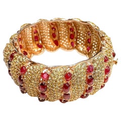 Bochic “Capri” Red Blood Ruby & Green Fancy Sapphires Cuff Set In 18K & Silver