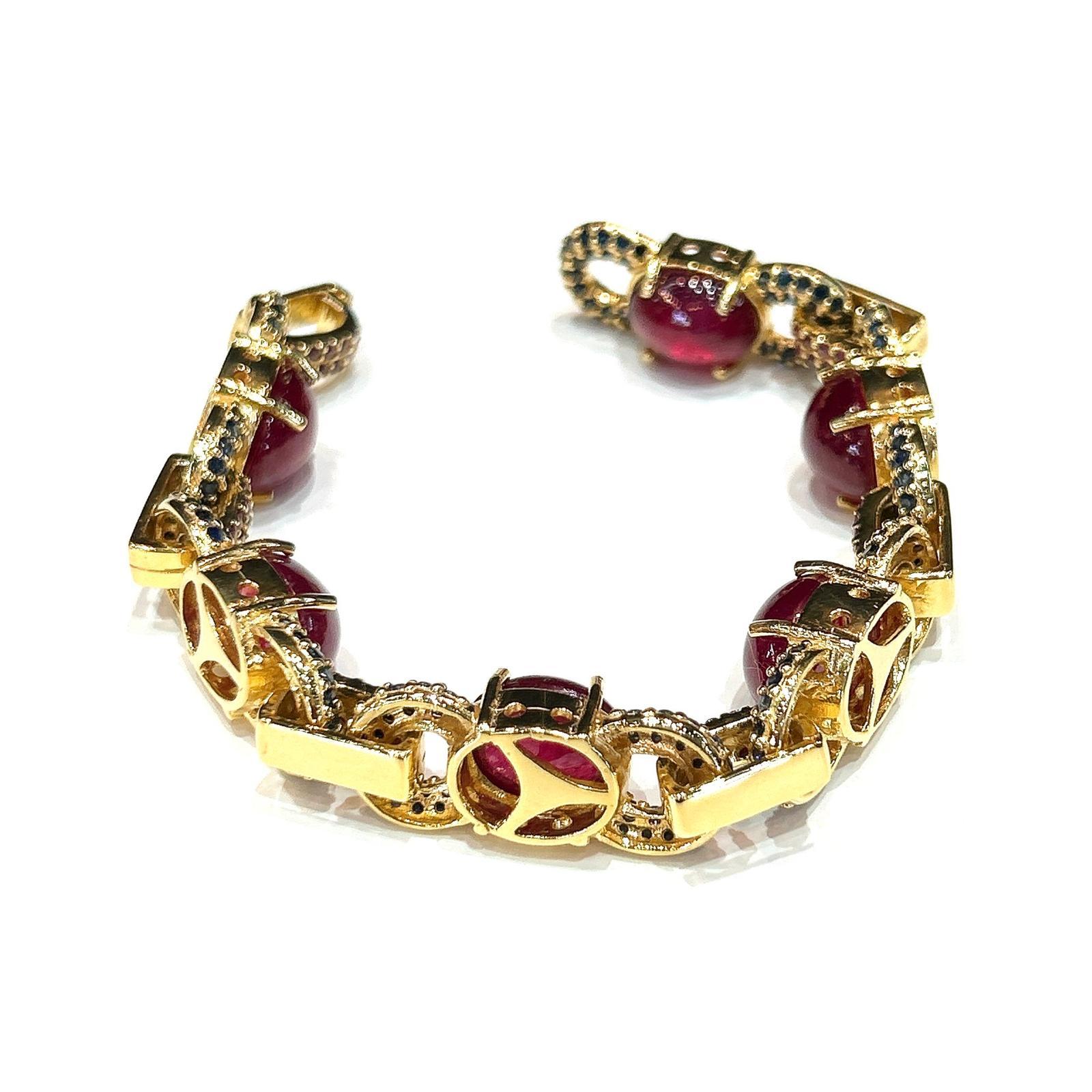 Art Deco Bochic “Capri” Red Ruby & Blue Sapphire Bracelet Set In 18K Gold & Silver For Sale