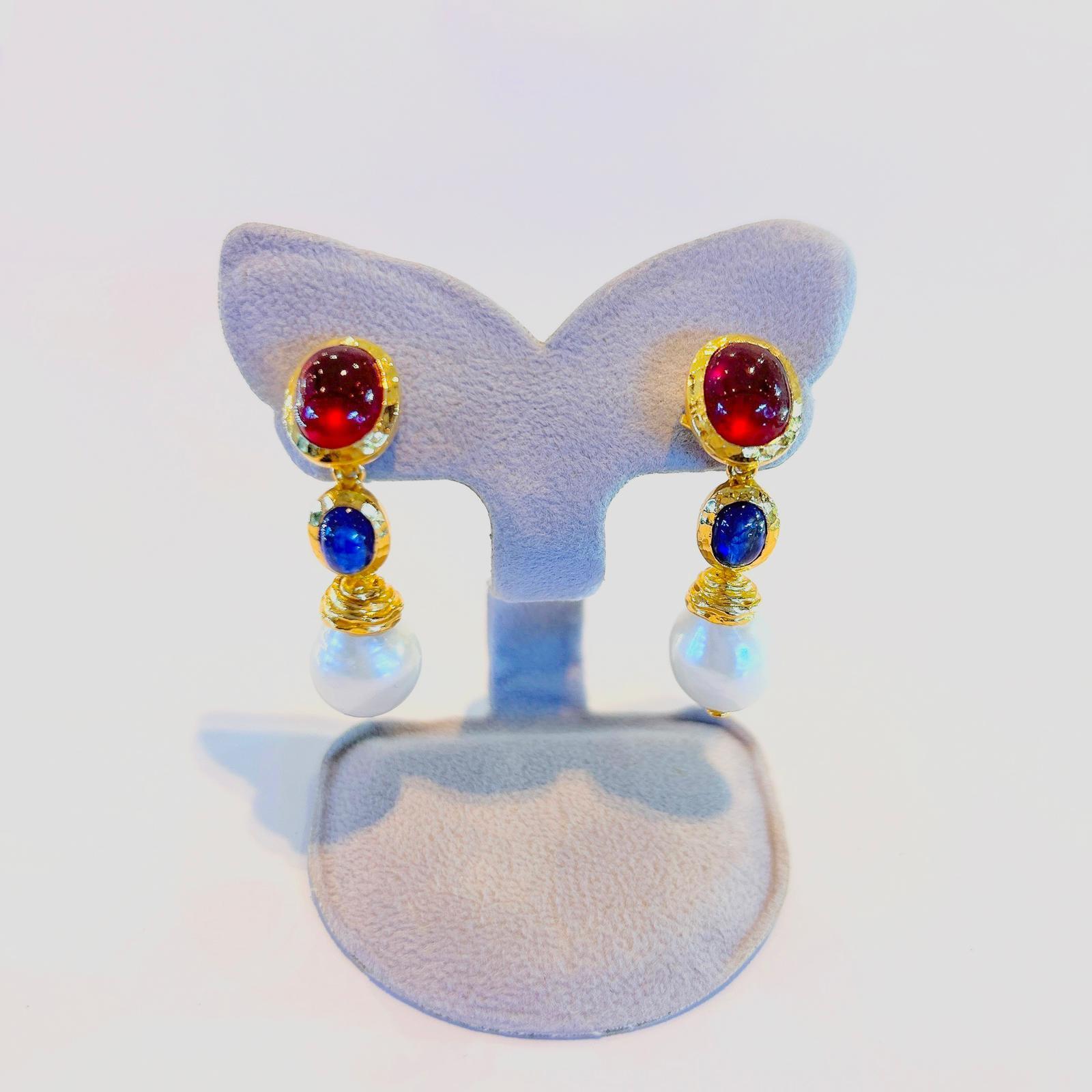 Bochic “Capri” Red Ruby & Blue Sapphire Earrings Set in 22k Gold & Silver For Sale 2