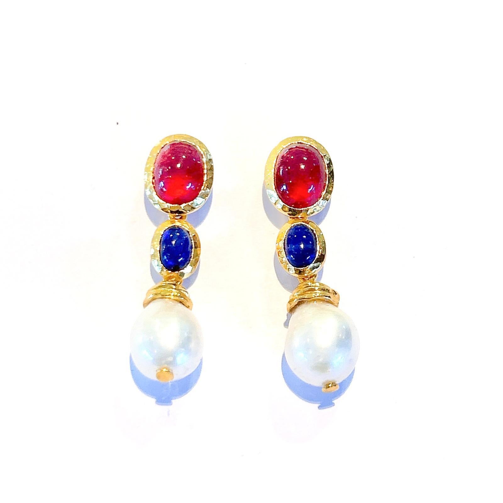 Bochic “Capri” Red Ruby & Blue Sapphire Earrings Set in 22k Gold & Silver For Sale 3