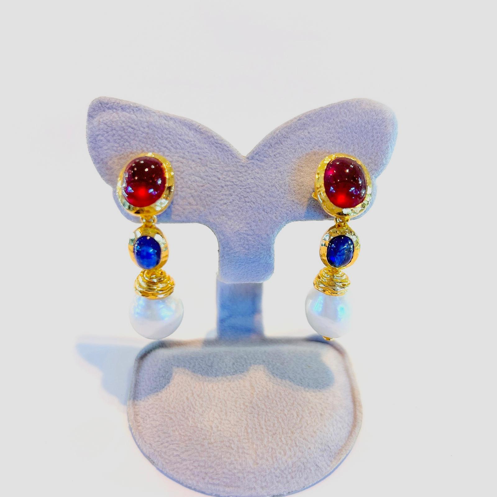 Bochic “Capri” Red Ruby & Blue Sapphire Earrings Set in 22k Gold & Silver For Sale 1