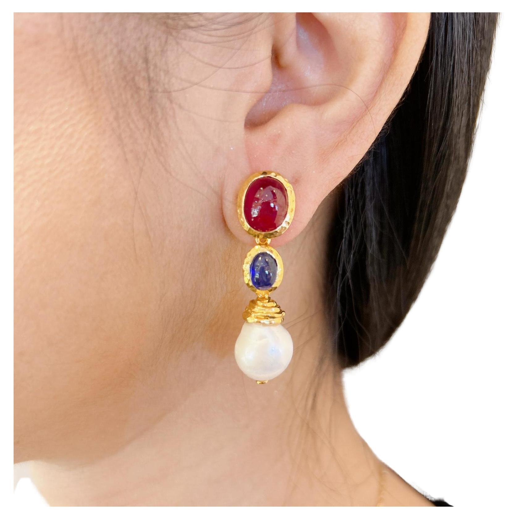 Bochic “Capri” Red Ruby & Blue Sapphire Earrings Set in 22K Gold & Silver 
Natural Red Rubis - 17 carats
Cabochon shape 
Natural Blue Color Sapphires from Sri Lanka  - 8 carats 
Set in 22K Gold and Silver 950
This Earrings are perfect to wear - Day