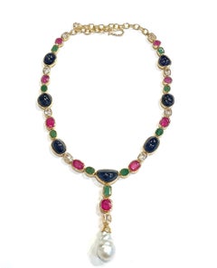 Bochic “Capri” Vintage Ruby, Blue Sapphire & Green Emerald Necklace 18K & Silver