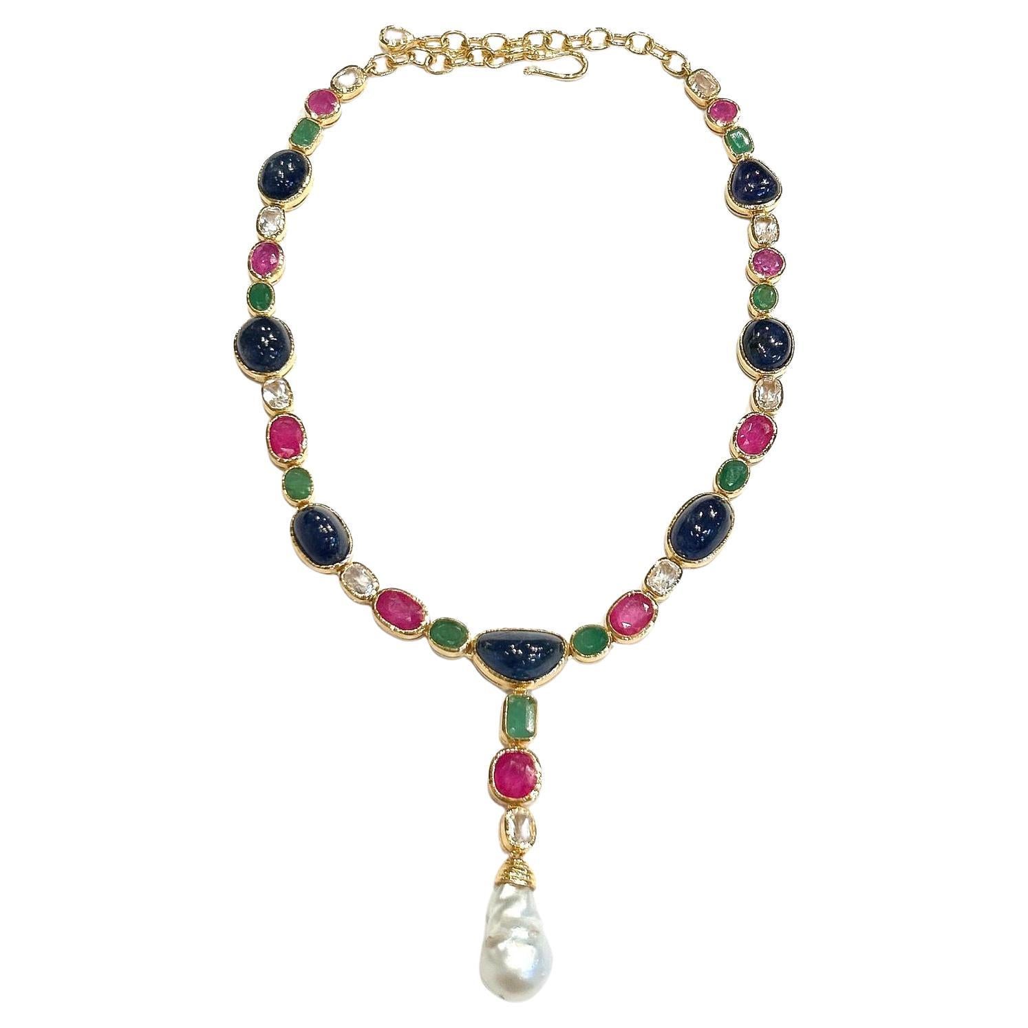 Bochic "Capri" Collier rubis rouge, saphir bleu et émeraude verte 18K et argent