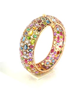Bochic “Capri” Red Ruby & Emerald Multi Gem Bangle Set In 18K Gold & Silver