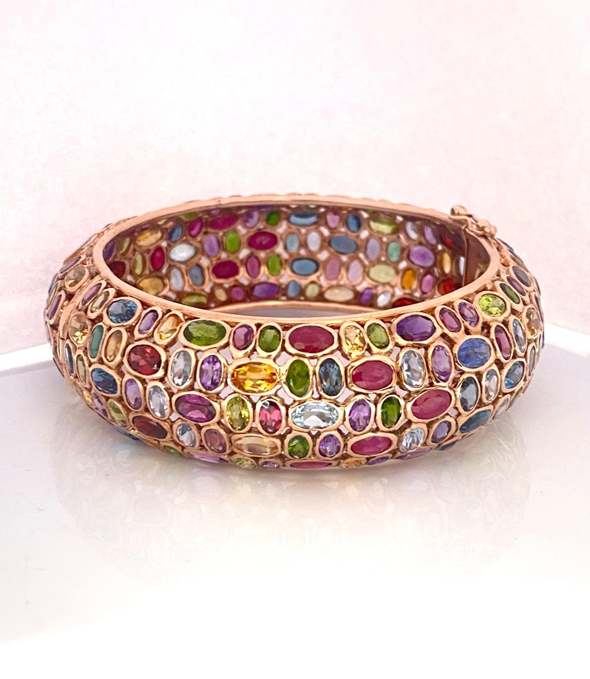 Baroque Bochic “Capri” Red Ruby & Emerald Multi Gem Bangle Set In 18K Gold & Silver For Sale