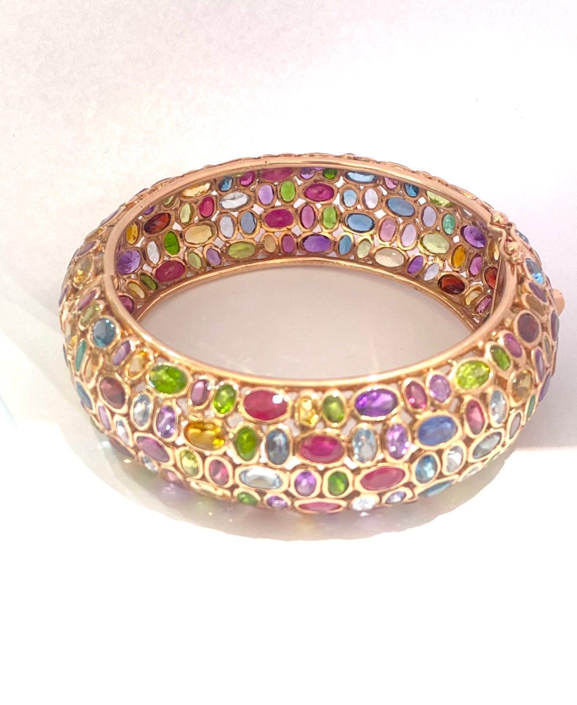 Brilliant Cut Bochic “Capri” Red Ruby & Emerald Multi Gem Bangle Set In 18K Gold & Silver For Sale