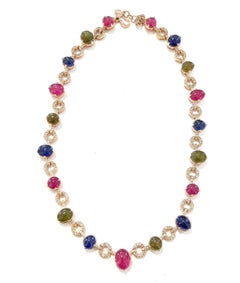 Collana Bochic "Capri" con rubino rosso e zaffiri colorati in 18 carati e argento