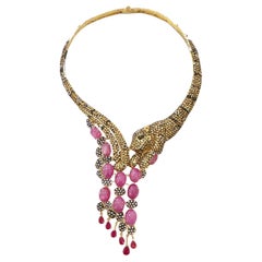 Collar Bochic "Capri" de rubí rojo y zafiro de color fantasía engastado en 18 quilates y plata