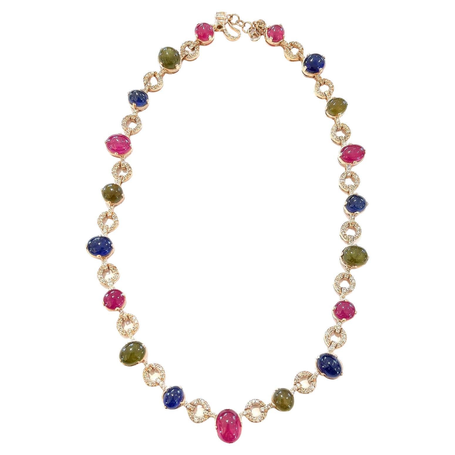 Bochic "Capri" Rote Rubin & Fancy Farbe Saphir Halskette Set in 18K & Silber