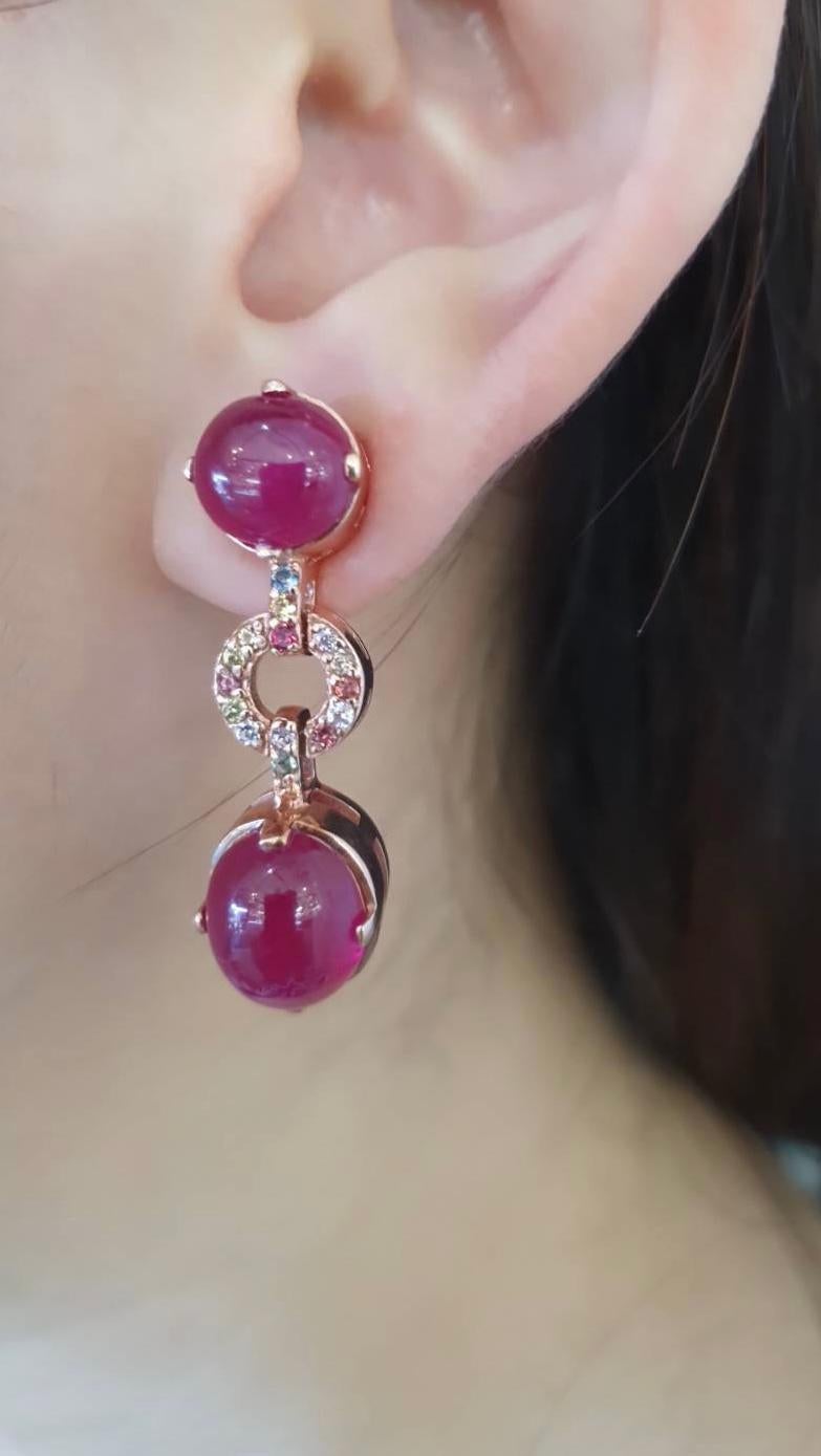 Cabochon Bochic “Capri” Red Ruby & Fancy Sapphire Earrings Set in 18 K Gold & Silver