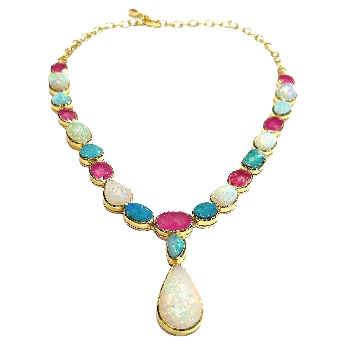 Collar Bochic "Capri" de rubí rojo y ópalo de fuego en oro de 18 quilates y plata