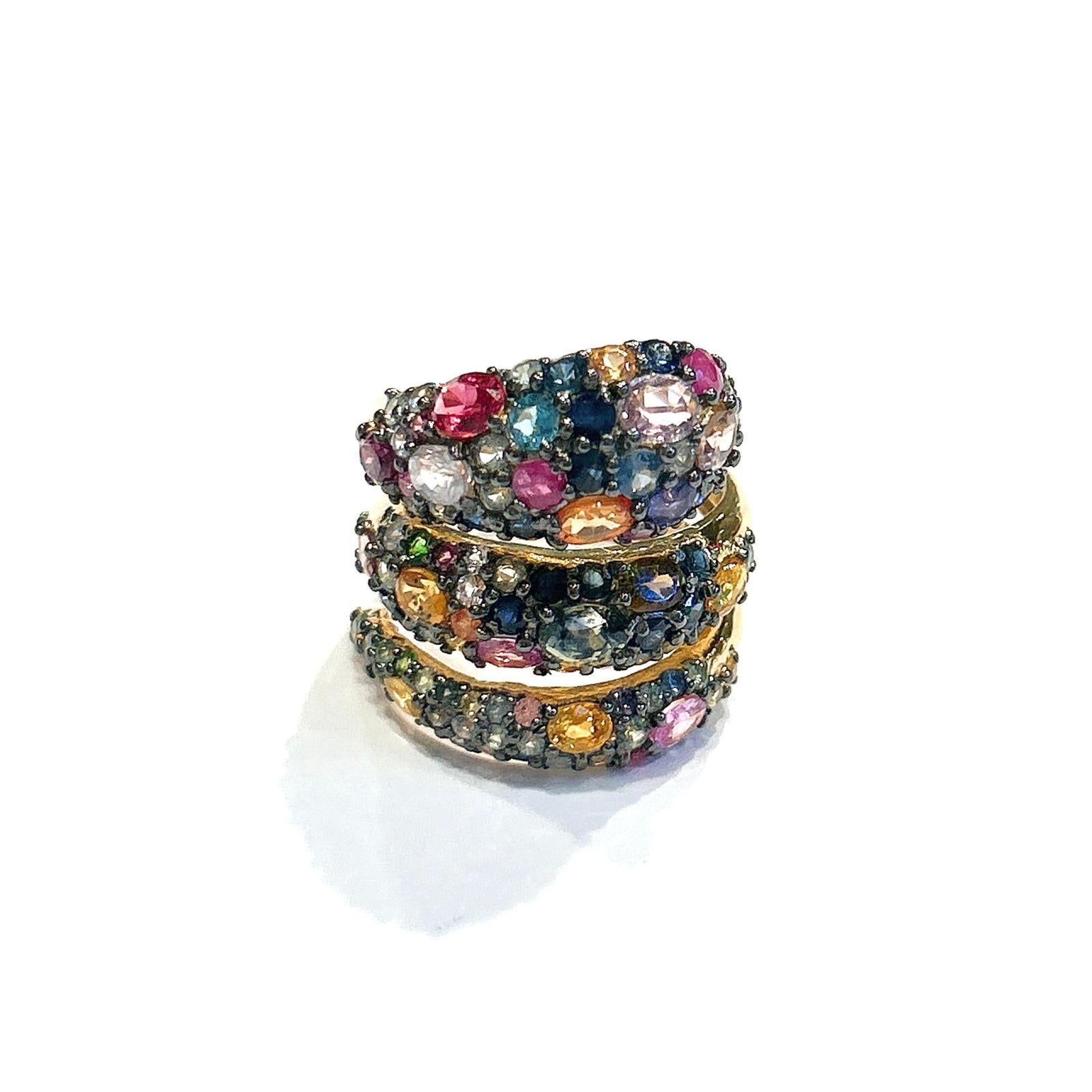 Women's or Men's Bochic “Capri” Red Ruby & Multi Color Sapphire Ring Set In 18K Gold & Silver