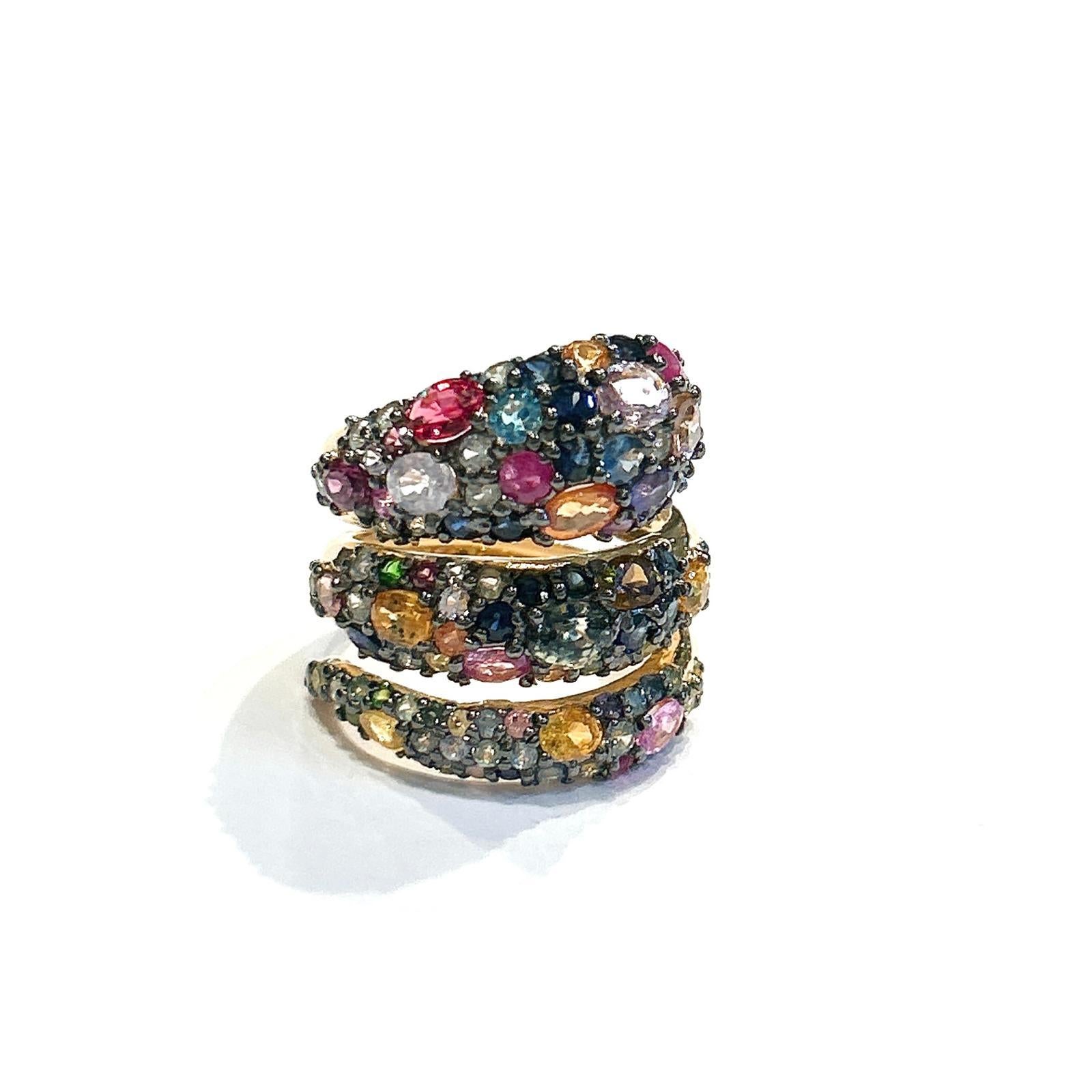 Bochic “Capri” Red Ruby & Multi Color Sapphire Ring Set In 18K Gold & Silver 3