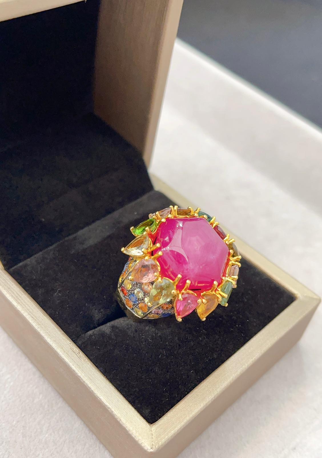 Bochic “Capri” Red Ruby & Multi Color SapphireCocktail Ring Set In 22K Gold & Silver 
Multi natural gem Ring 
Beautiful Natural Red Ruby - 19 carats
Octagon Cabochon shape 
Natural Multi Fancy Color Sapphires from Sri Lanka - 16 carats 
Round and