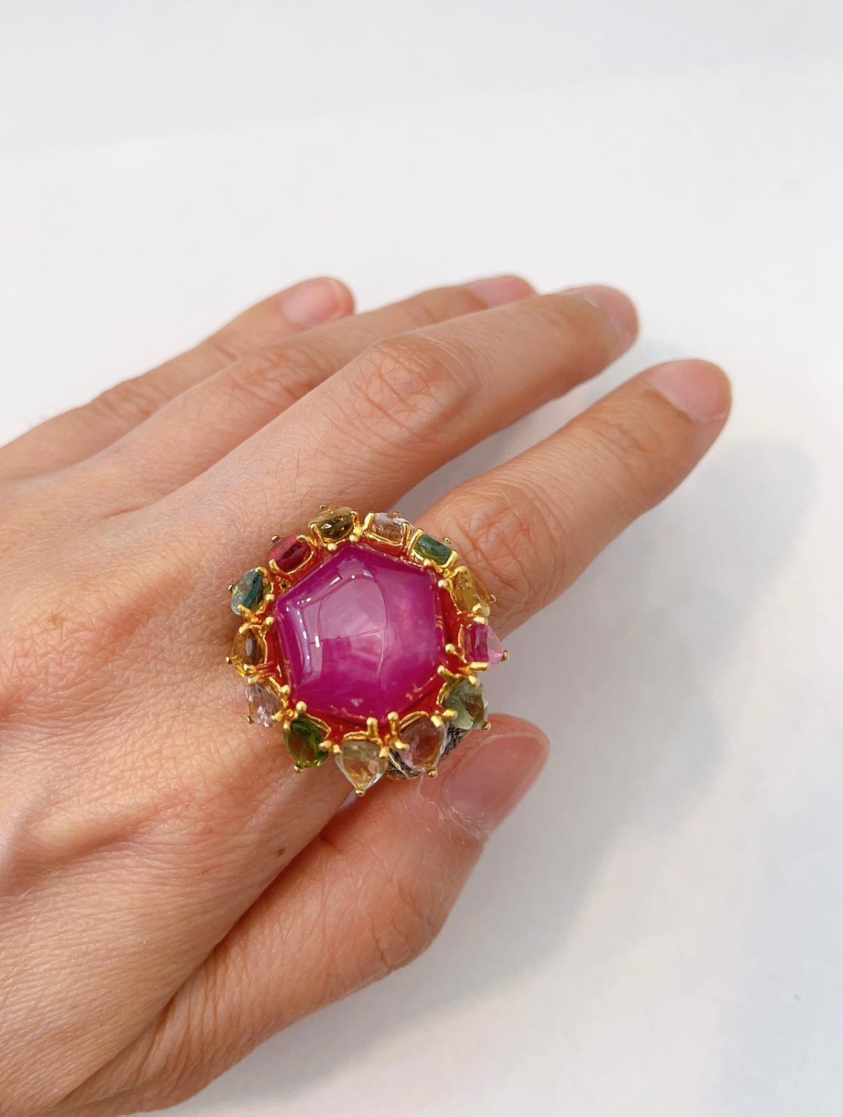 Baroque Bochic “Capri” Red Ruby & Multi Color Sapphirecocktail Ring Set in 22k Gold For Sale
