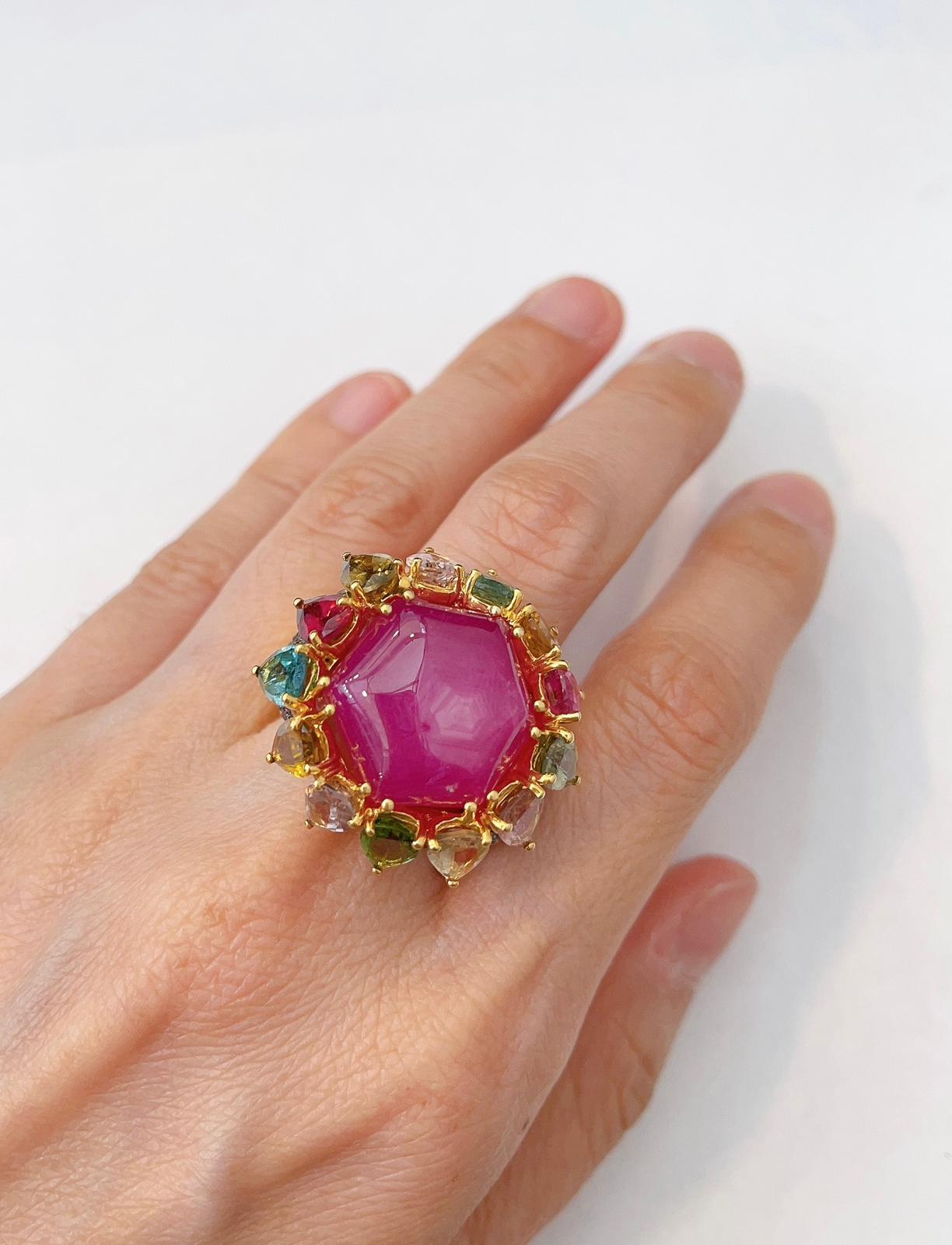 Pear Cut Bochic “Capri” Red Ruby & Multi Color Sapphirecocktail Ring Set in 22k Gold For Sale