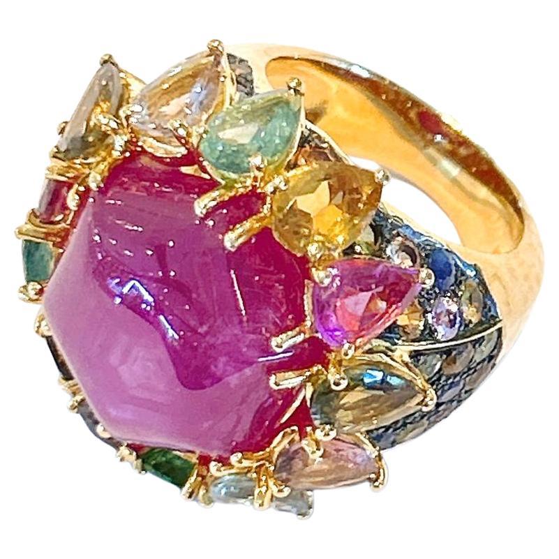Bochic “Capri” Red Ruby & Multi Color Sapphirecocktail Ring Set in 22k Gold