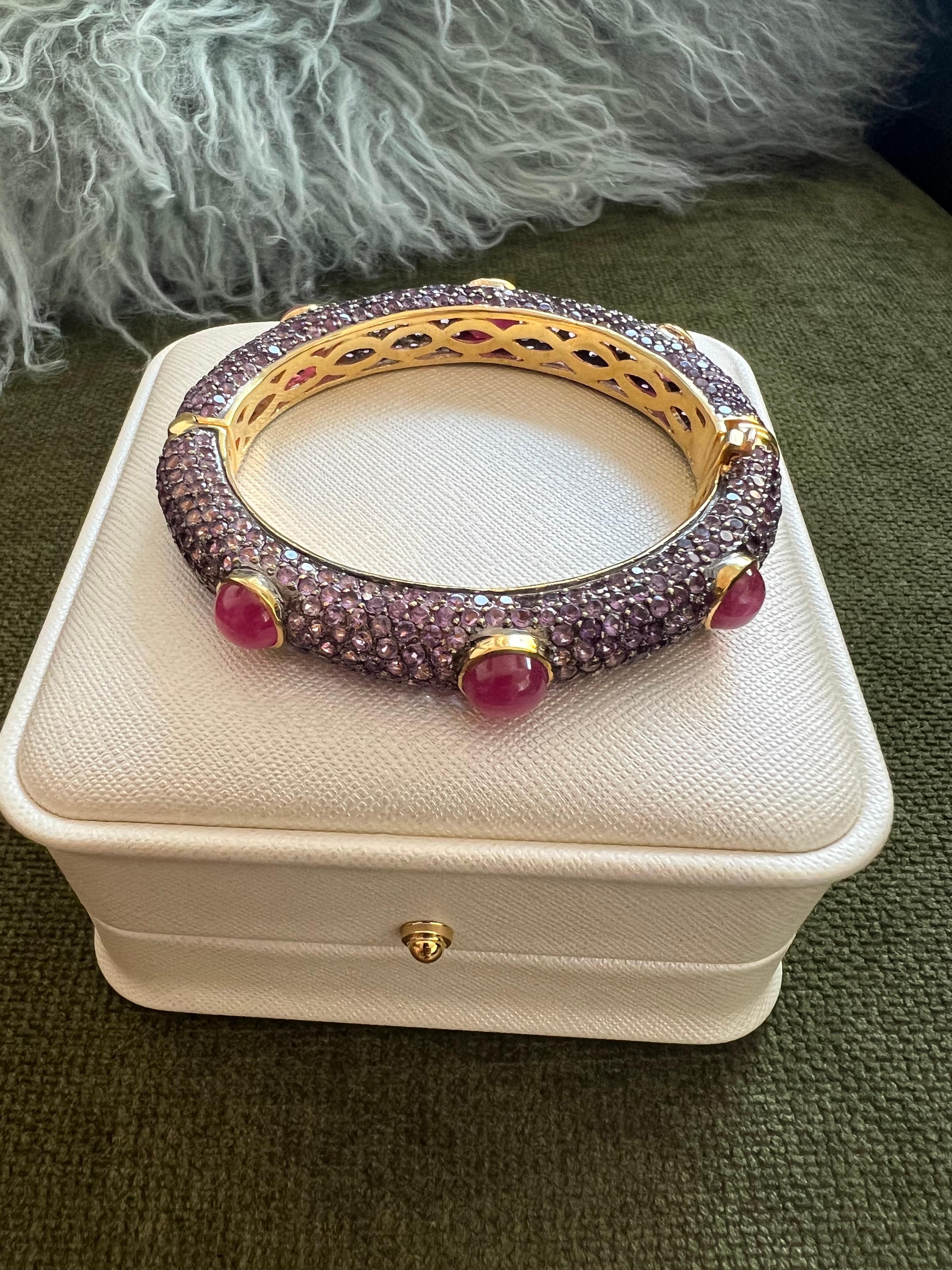 Bochic “Capri” Red Ruby & Multi Color Sapphires Bangle Set In 18K Gold & Silver  4
