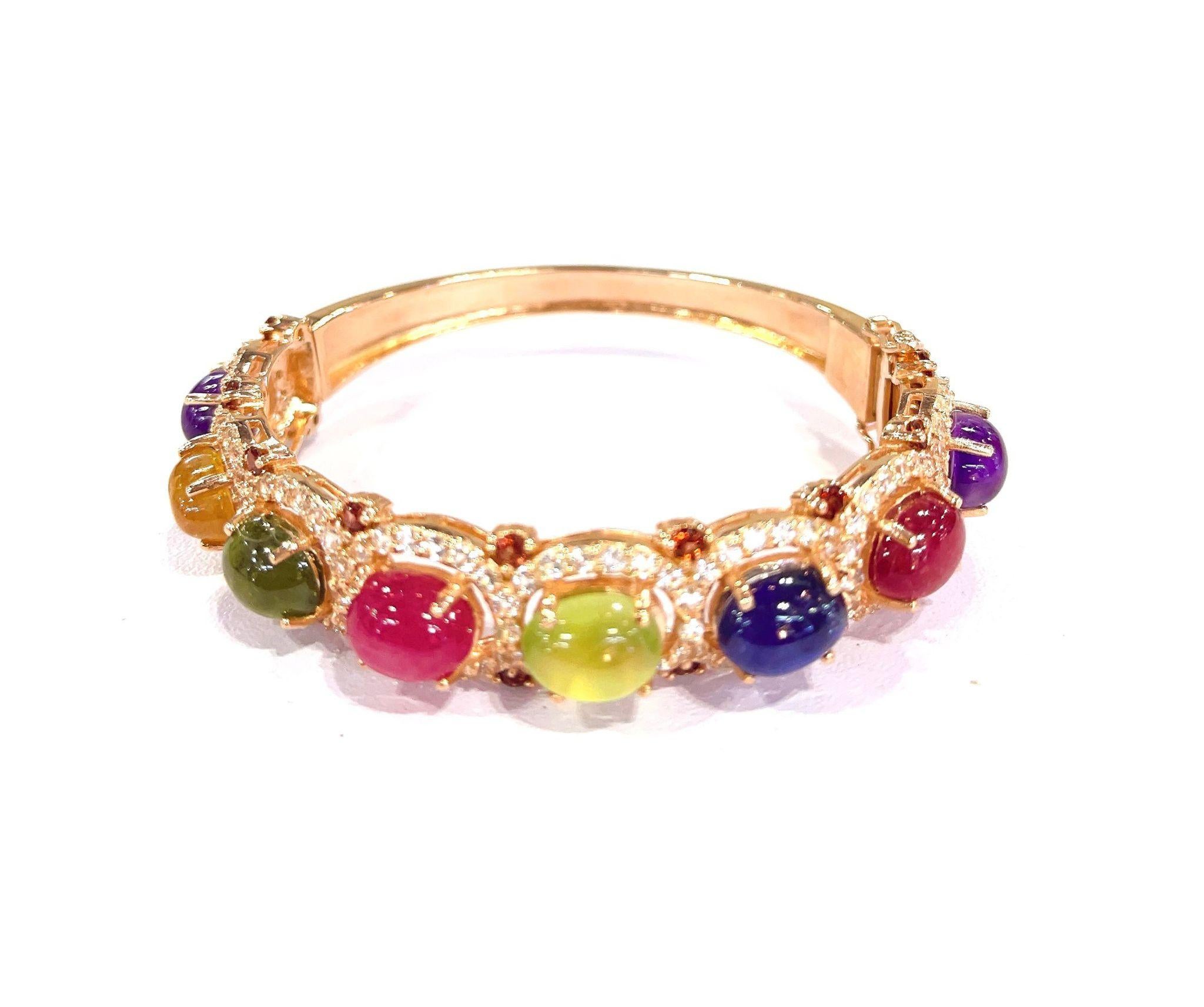 Bochic “Capri” Red Ruby & Multi Color Sapphires Bangle Set In 18K Gold & Silver  In New Condition In New York, NY