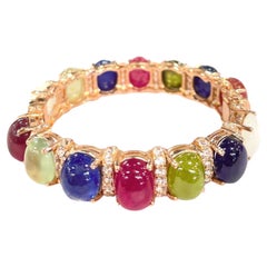 Bochic “Capri” Red Ruby & Multi Color Sapphires Bangle Set In 18K Gold & Silver